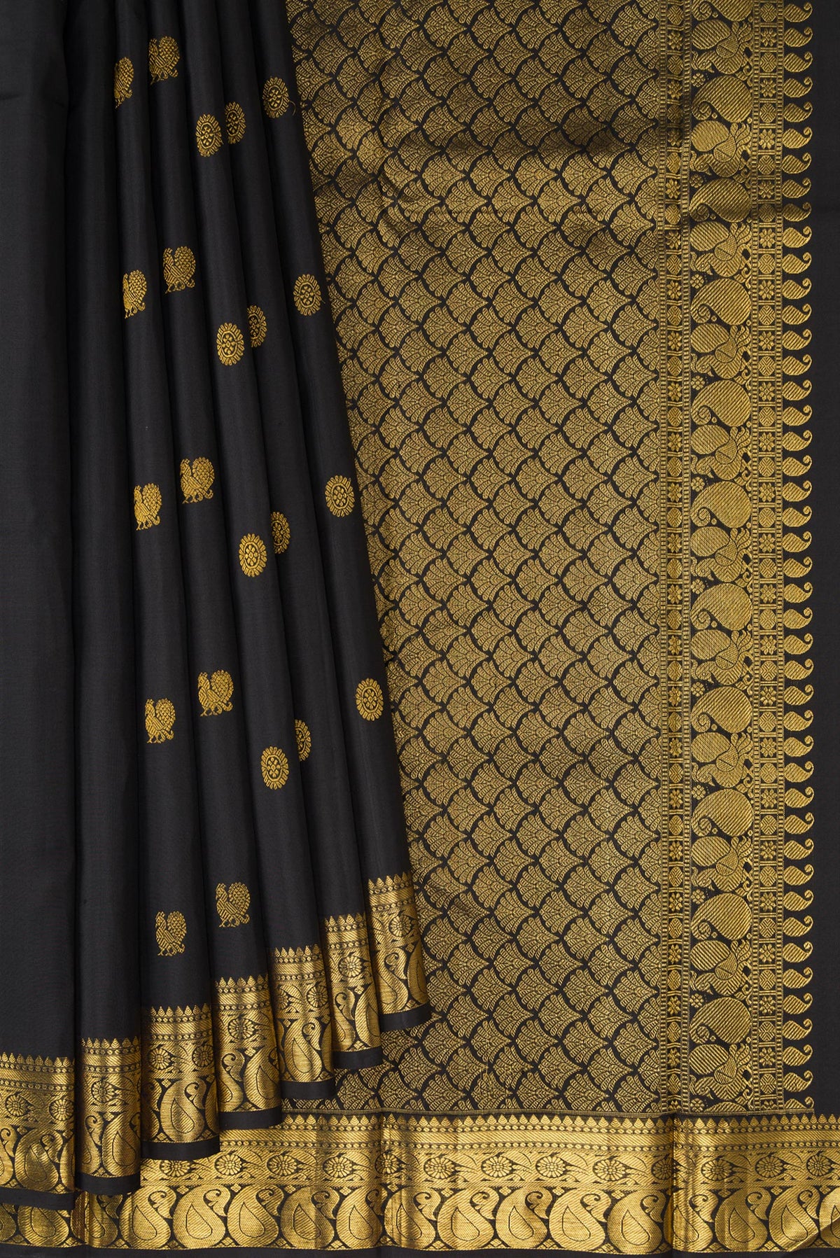 Pleats and pallu of Black Kanjivaram Silk Saree with Zari Butta on the body and Zari Border. 