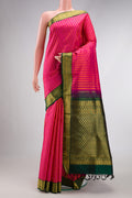 Pure Silk Pure Zari Dark Pink Dual Tone Kanjivaram Saree with Stripes on the body and Zari Border.  displayed on a mannequin