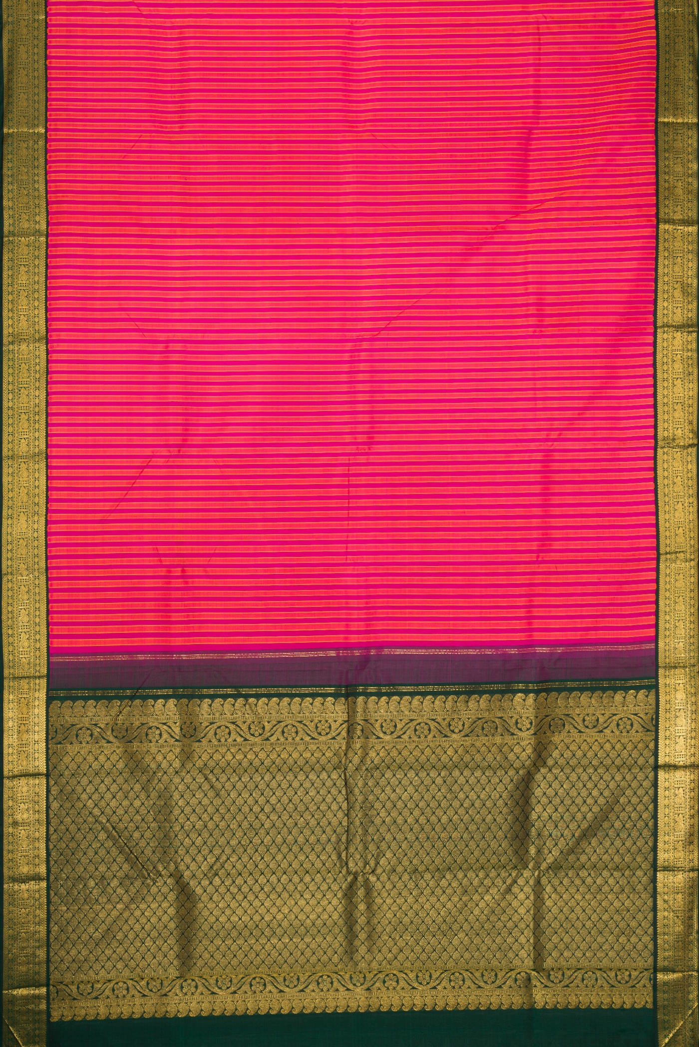 Flat view of Pure Silk Pure Zari Dark Pink Dual Tone Kanjivaram Saree with Stripes on the body and Zari Border. 