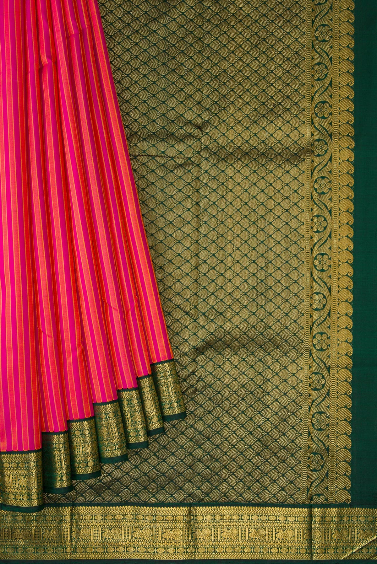 Pleats and pallu of Pure Silk Pure Zari Dark Pink Dual Tone Kanjivaram Saree with Stripes on the body and Zari Border. 