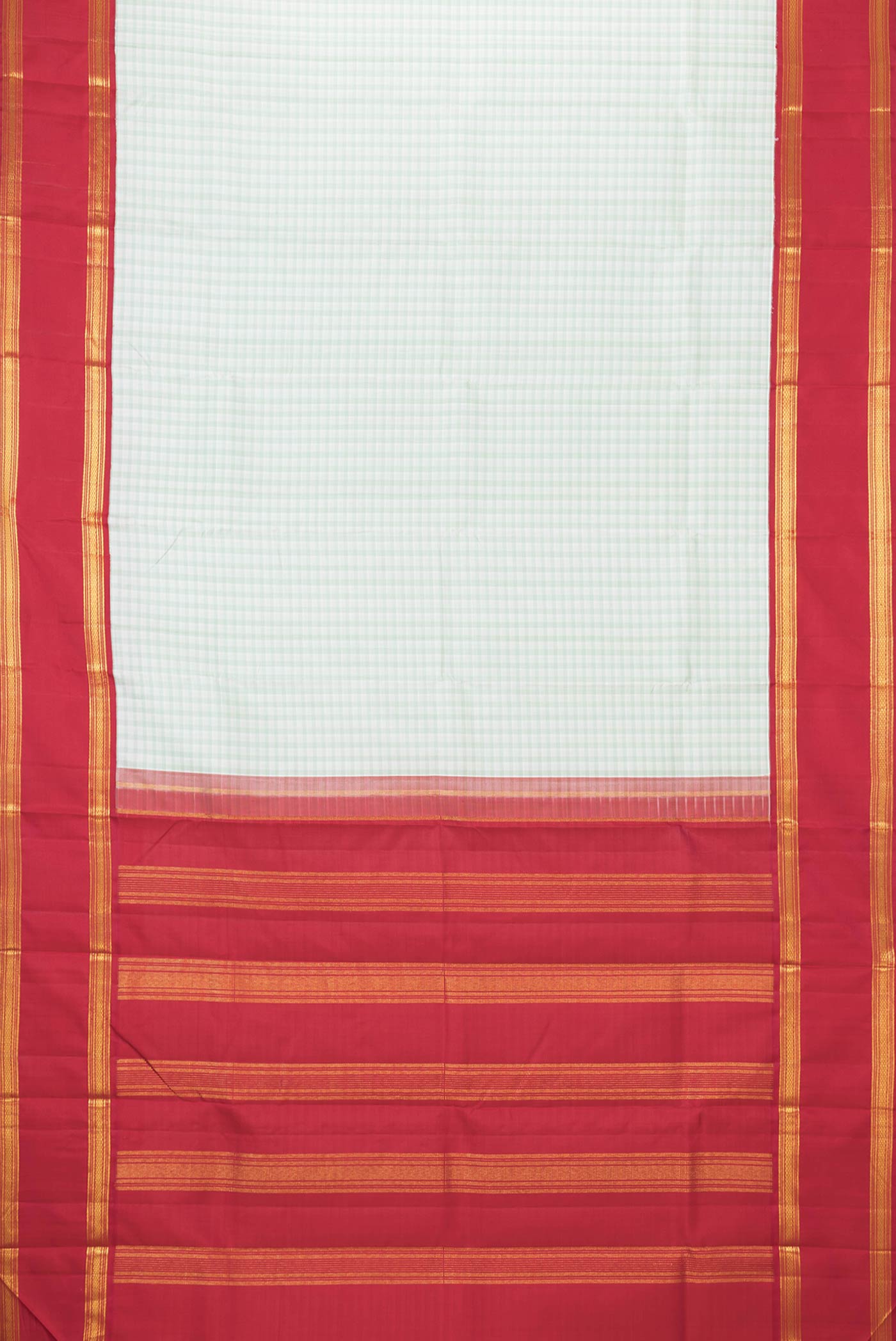 Flat view of Green Dual Tone Kanchipuram Saree with Checked design on the body and Zari Border