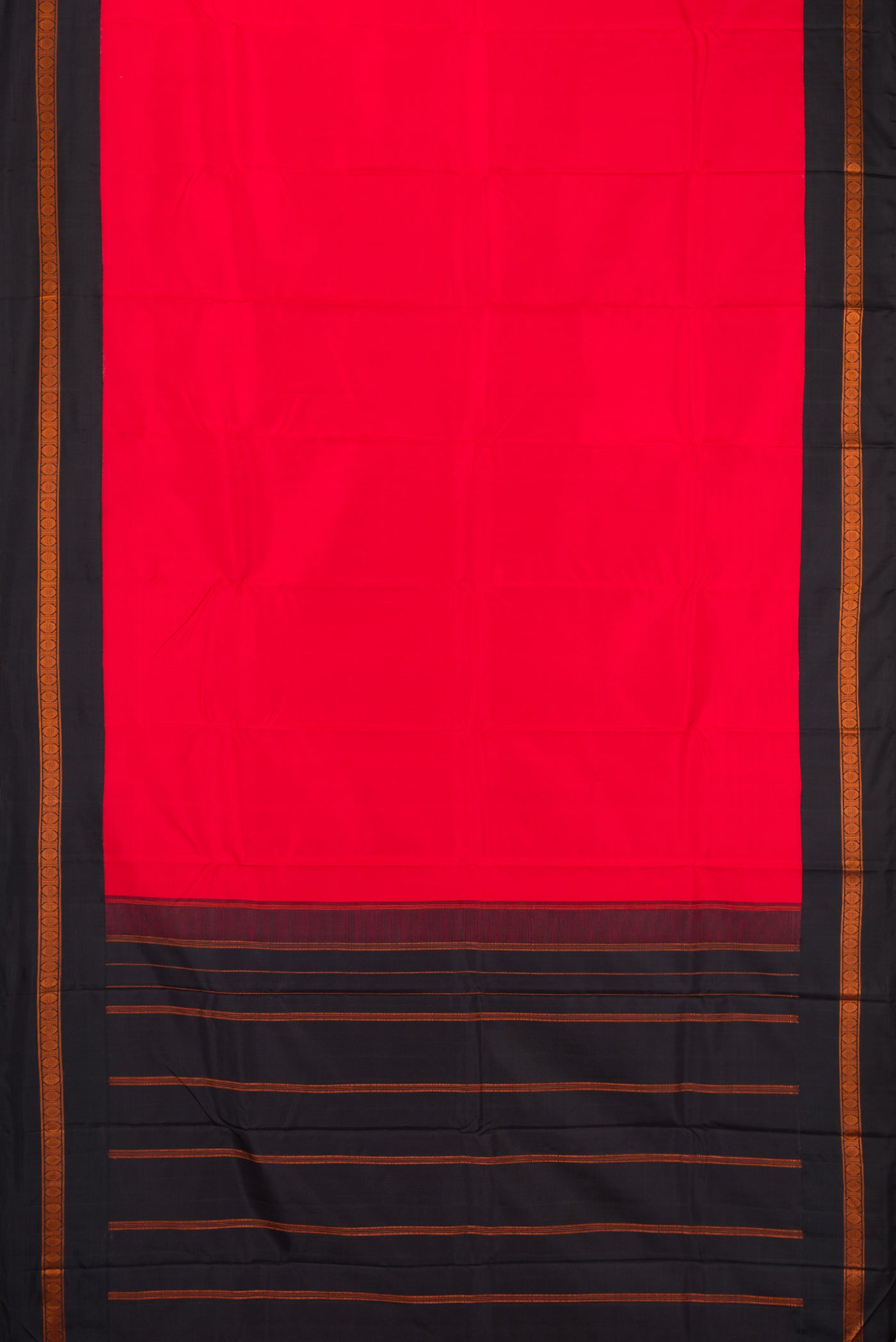Flat view of Red Dual Tone Banarasi Silk Saree with Plain Body and Thread Border. 