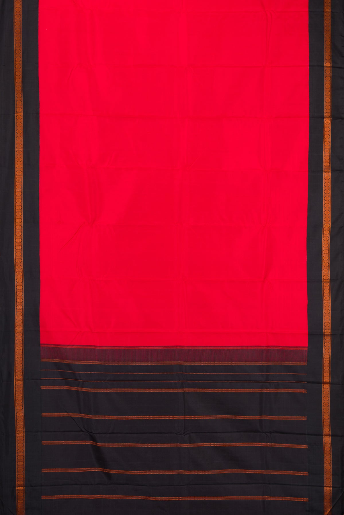 Flat view of Red Dual Tone Banarasi Silk Saree with Plain Body and Thread Border. 