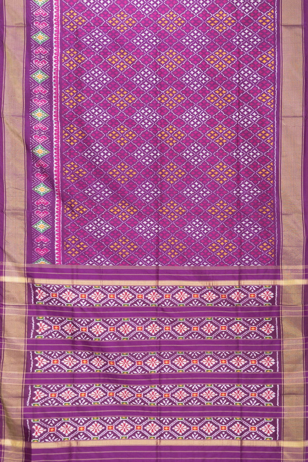 Flat view of Purple Dual Tone Double Ikat Saree with Ikat Print on the body and Ikat Border. 