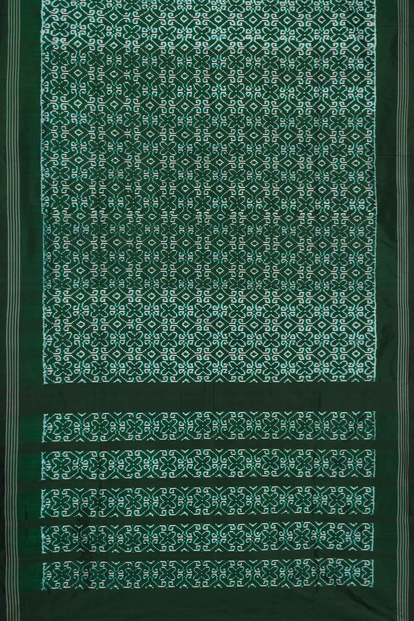 Flat view of Green Dual Tone Double Ikat Saree with Ikat Print on the body and Zari Border. 
