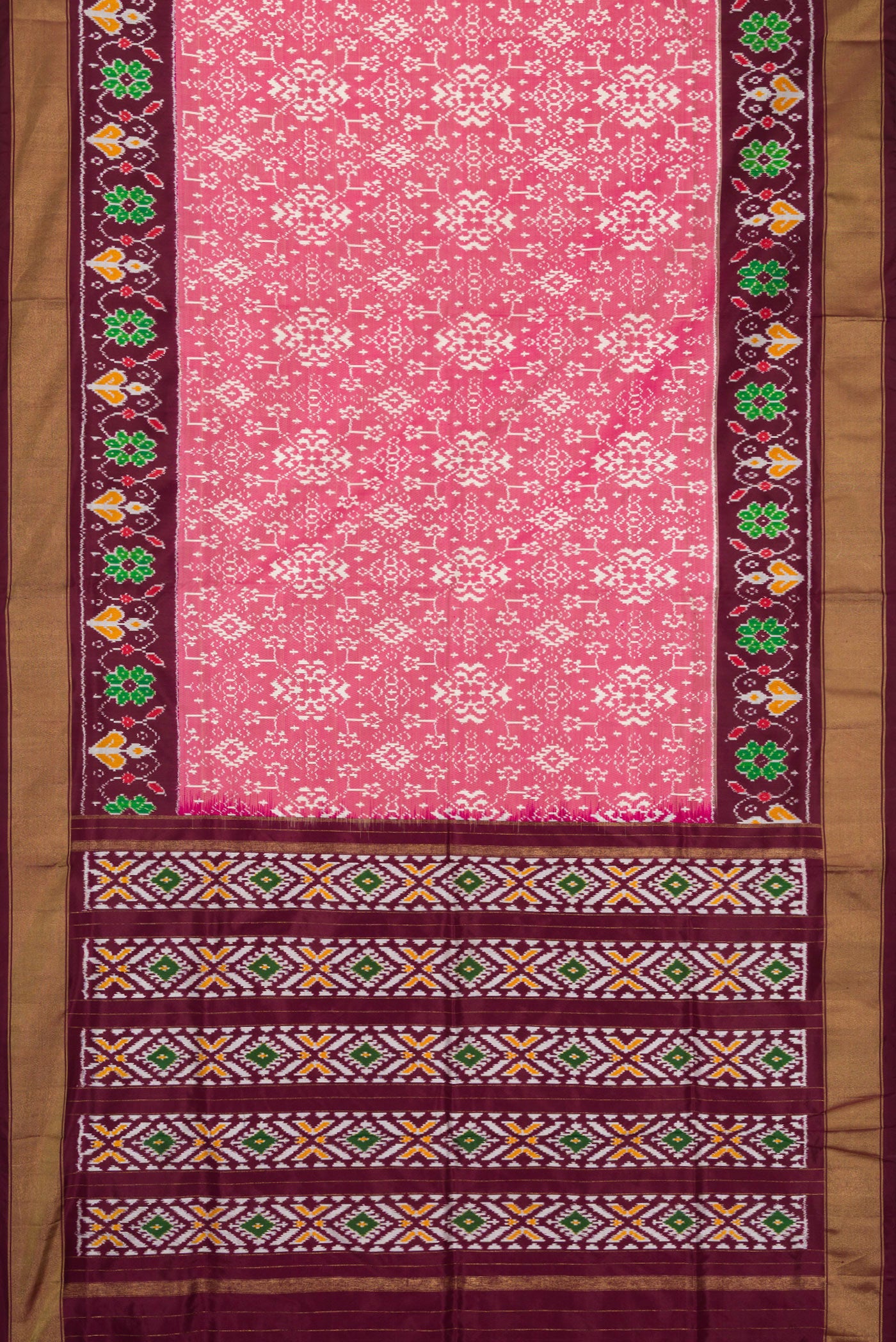 Flat view of Pink Dual Tone Double Ikat Saree with Ikat Print on the body and Ikat Border. 