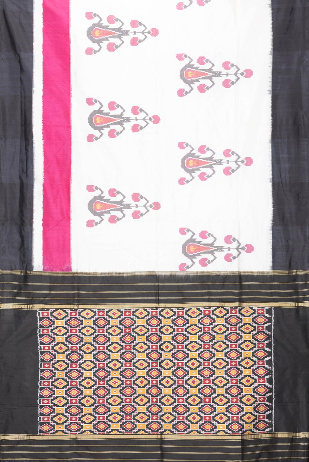 Flat view of Off White Dual Tone Double Ikat Saree with Ikat Print on the body and Plain Border. 