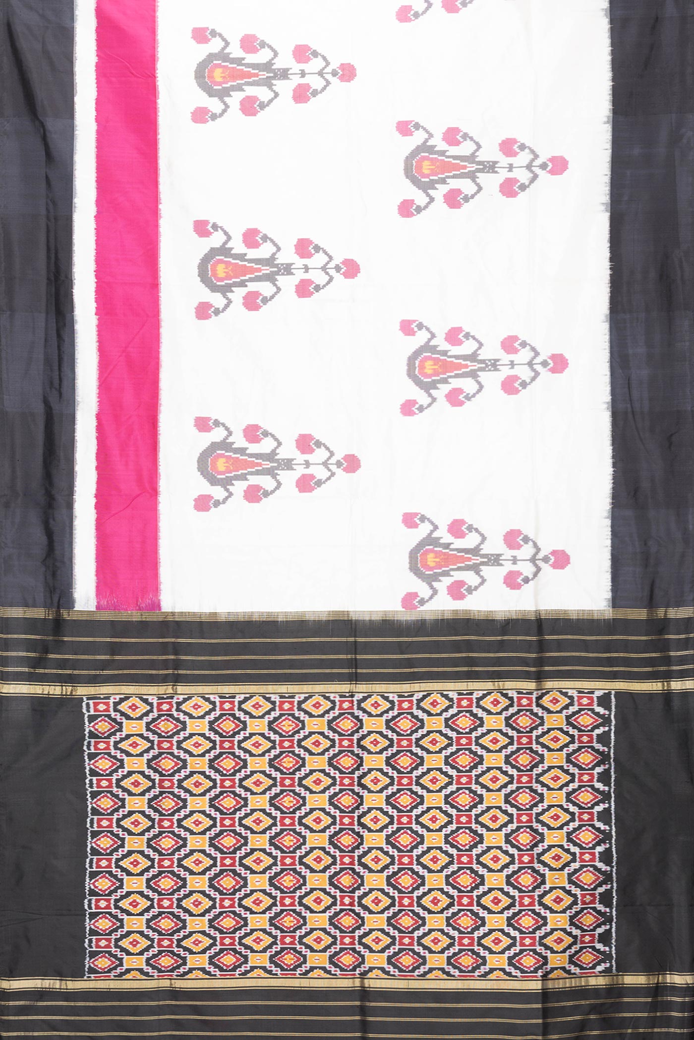 Flat view of Off White Dual Tone Double Ikat Saree with Ikat Print on the body and Plain Border. 
