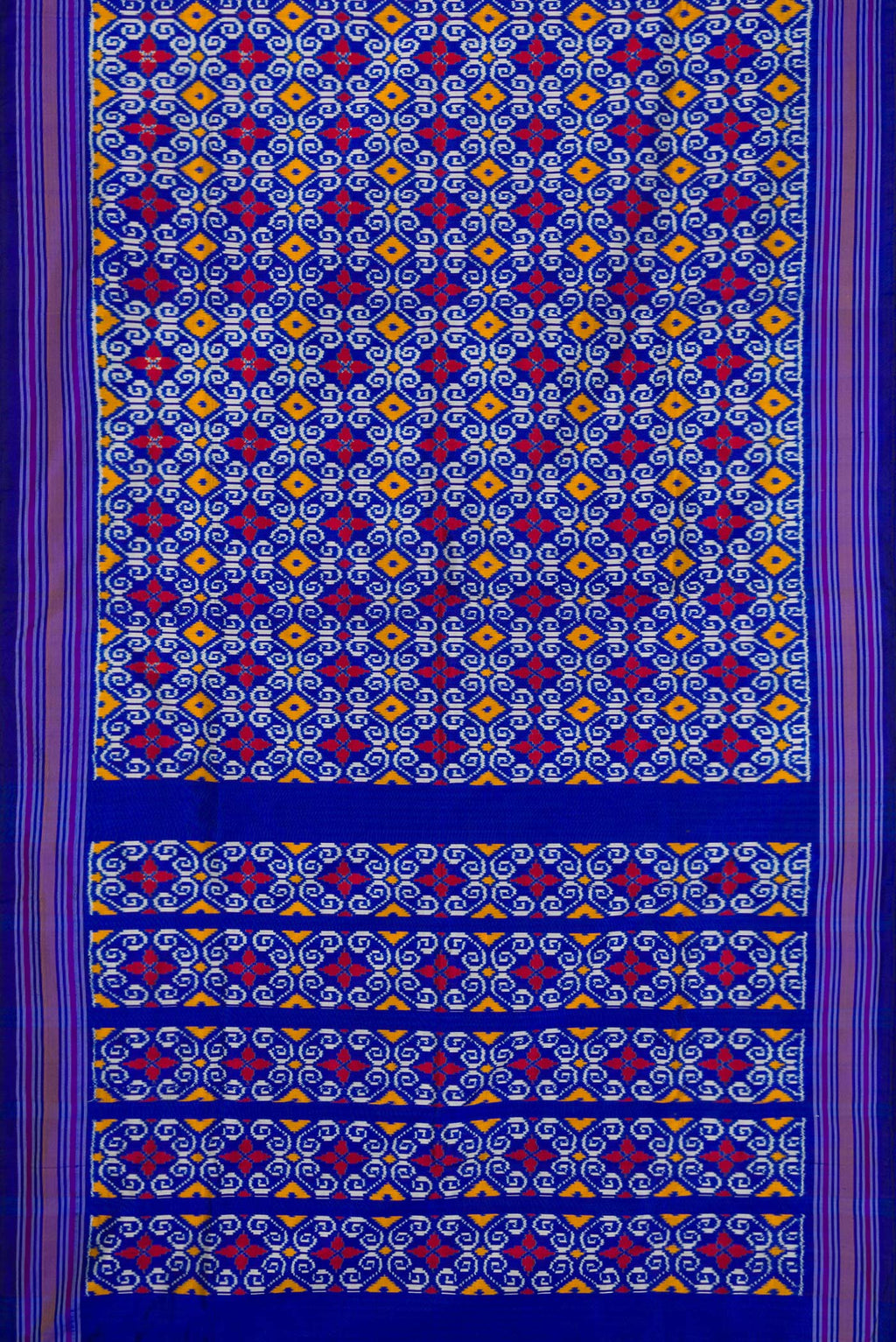 Flat view of Navy Blue Dual Tone Double Ikat Saree with Ikat Print on the body and Thread Border. 