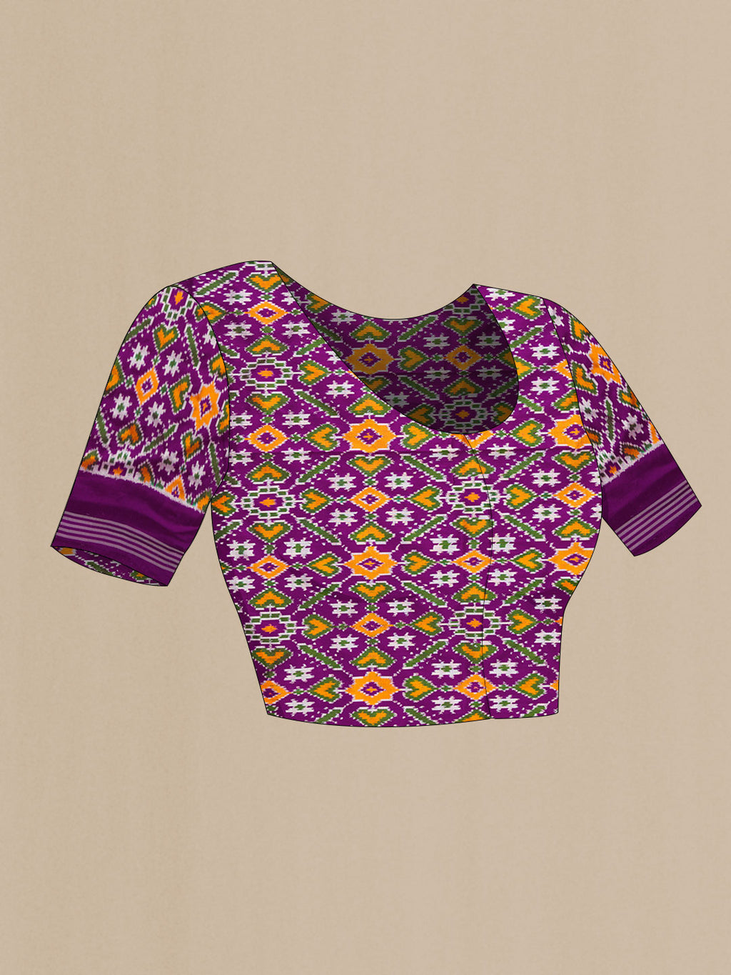 Close up image of the blouse of Purple Pochampally Silk Saree with Pure Ikat on the body and Plain Border