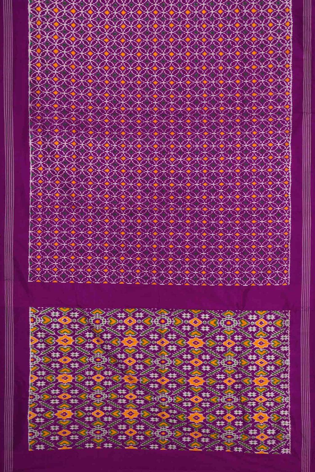 Flat view of Purple Pochampally Silk Saree with Pure Ikat on the body and Plain Border
