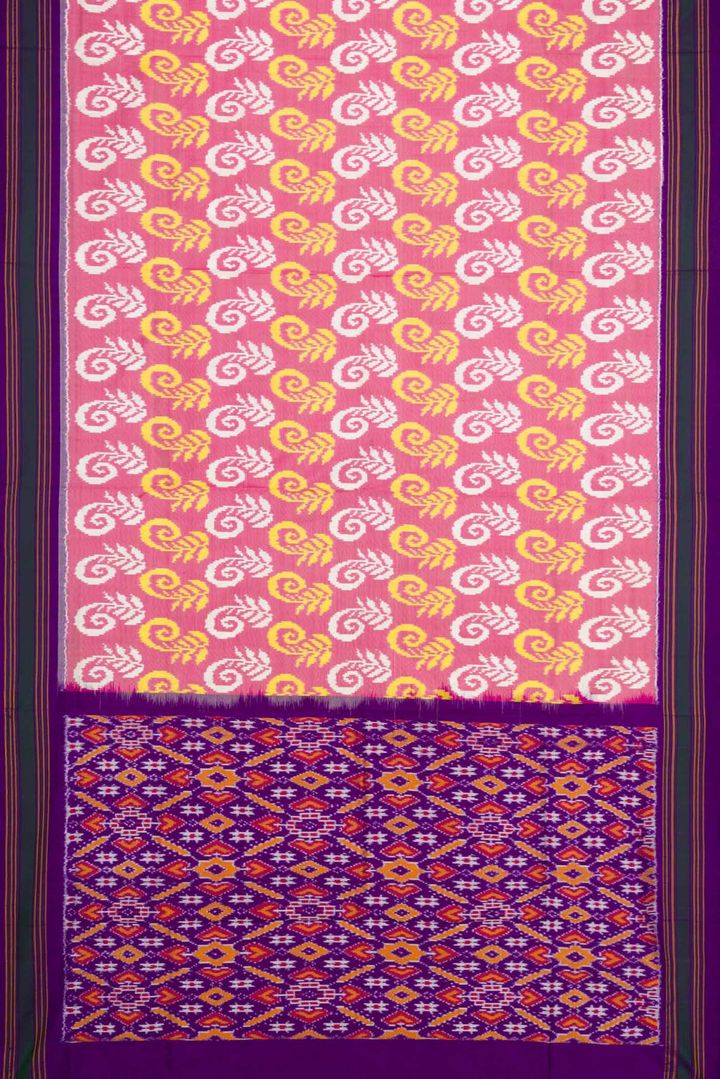 Flat view of Rose pink Pochampally Silk Saree with Pure Ikat on the body and Plain Border