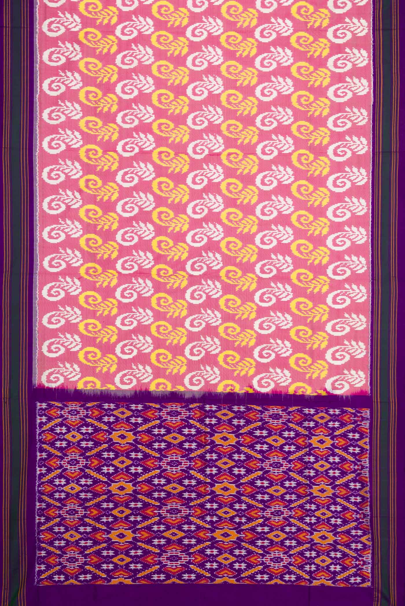 Flat view of Rose pink Pochampally Silk Saree with Pure Ikat on the body and Plain Border