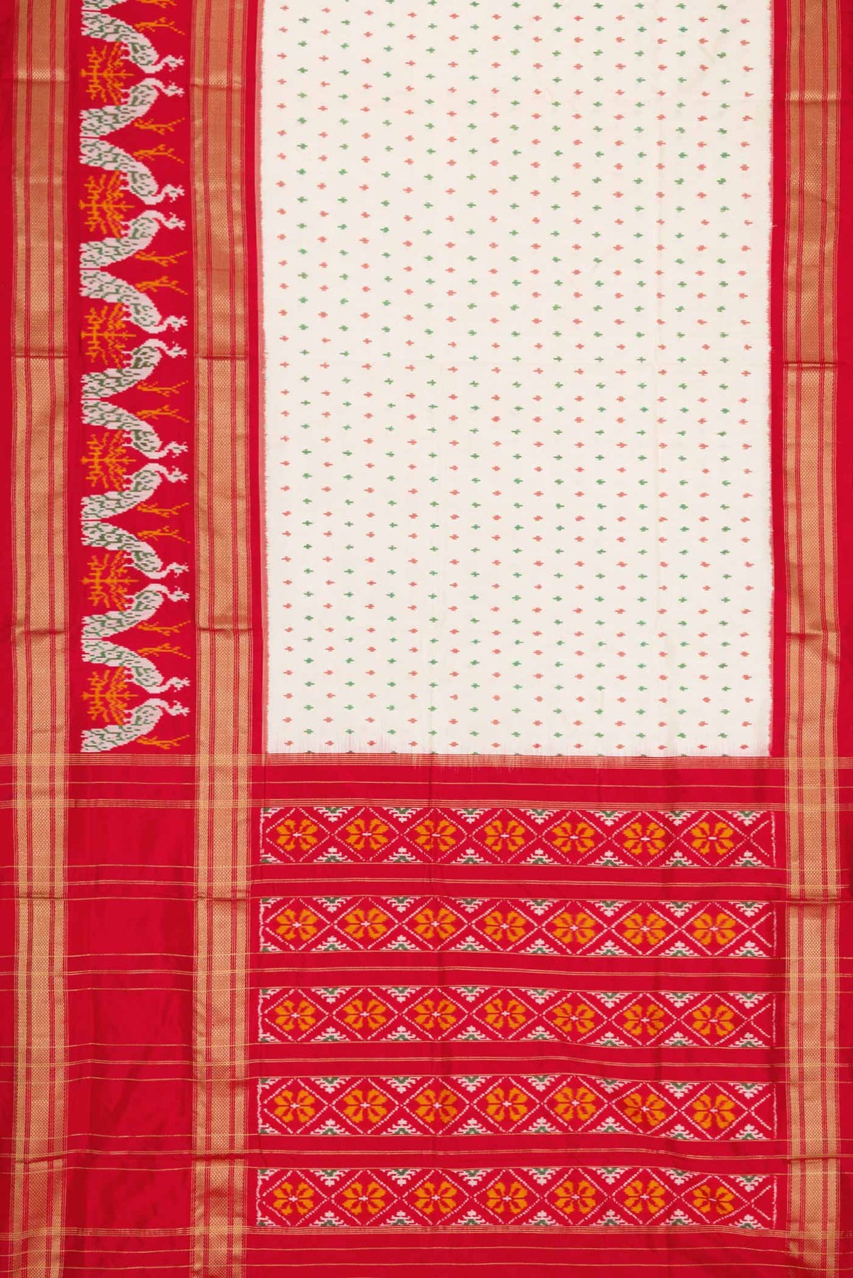 Flat view of Off White Dual Tone Double Ikat Saree with Ikat Print on the body and Ikat Border