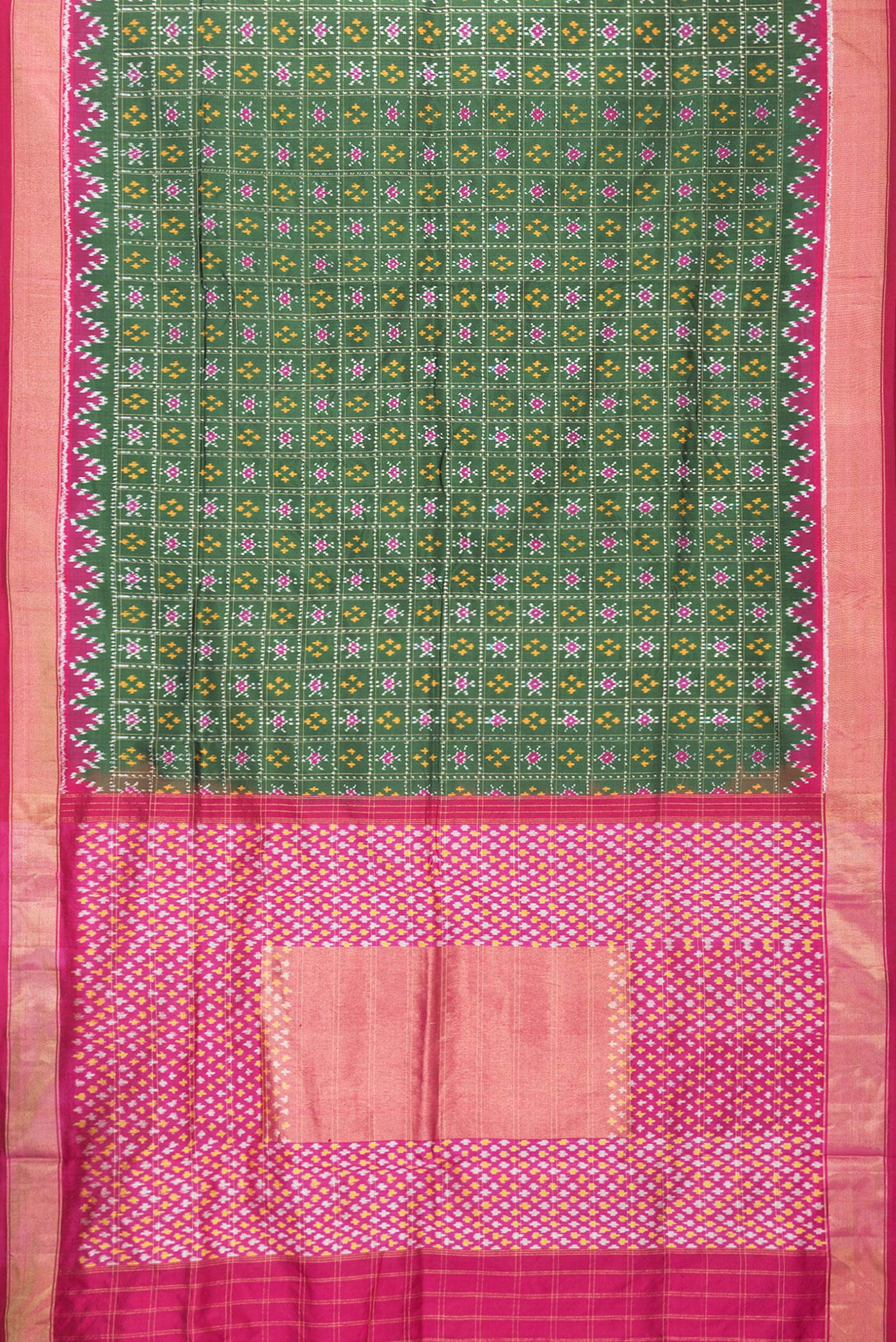 Flat view of Bottle Green Dual Tone Double Ikat Saree with Ikat Print on the body and Ikat Border. 