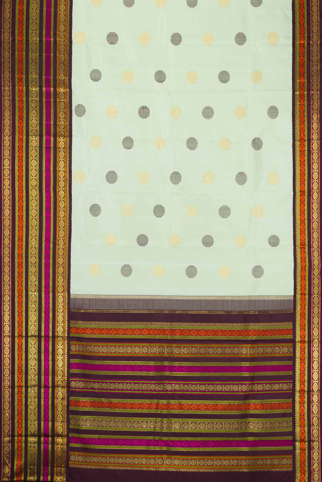 Flat view of Pure Silk Pure Zari Pista Green Dual Tone Kanchipuram Saree with Zari And Thread Butta on the body and Zari And Thread Border