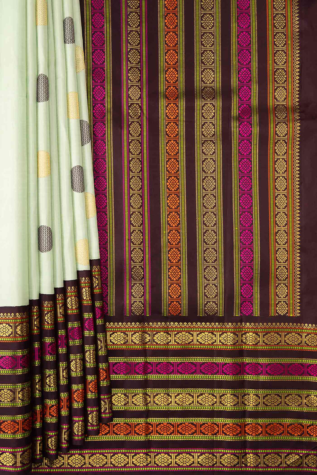Pleats and pallu of Pure Silk Pure Zari Pista Green Dual Tone Kanchipuram Saree with Zari And Thread Butta on the body and Zari And Thread Border