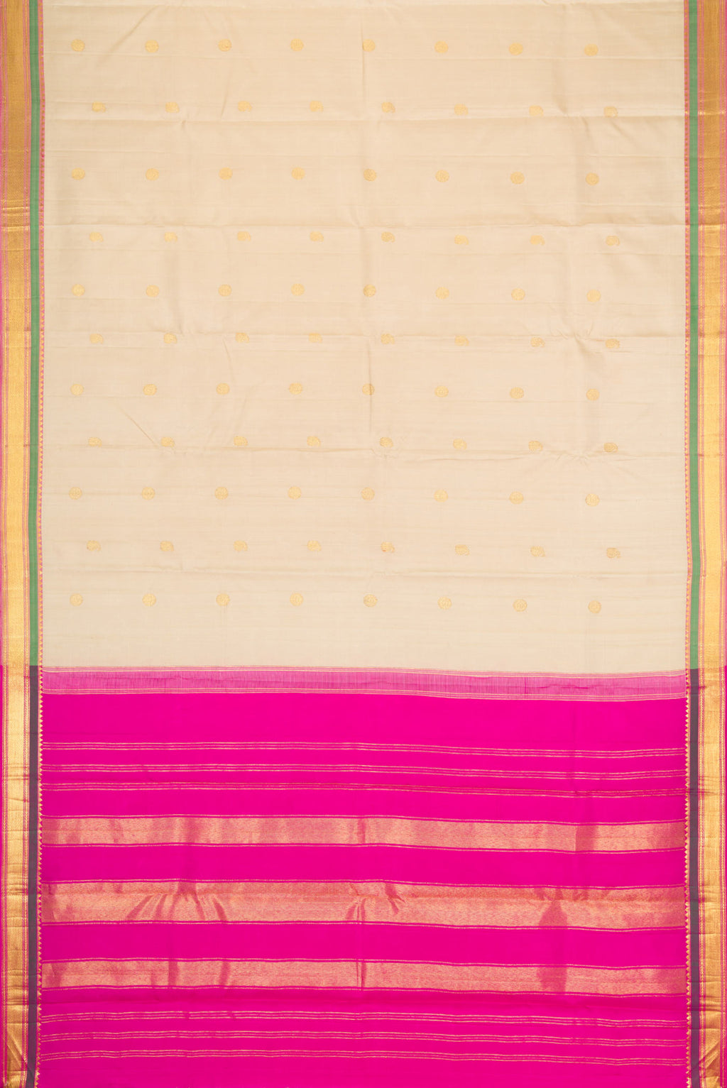 Flat view of Cream Kanchipuram Silk Saree with Zari Butta on the body and Zari Border