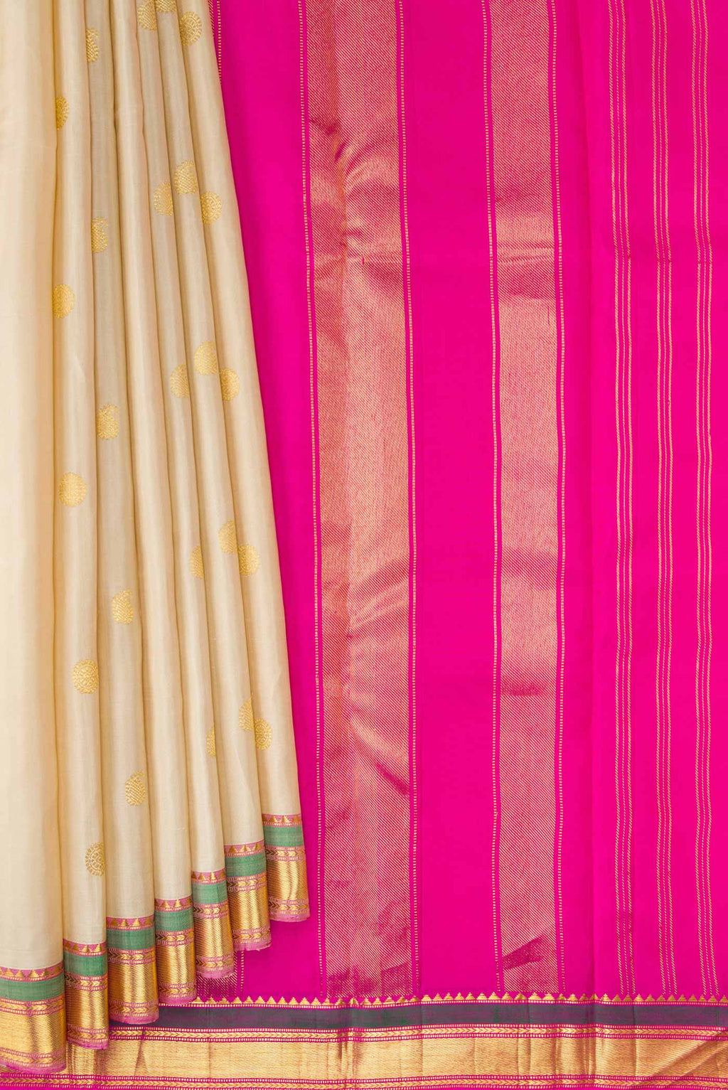 Pleats and pallu of Cream Kanchipuram Silk Saree with Zari Butta on the body and Zari Border