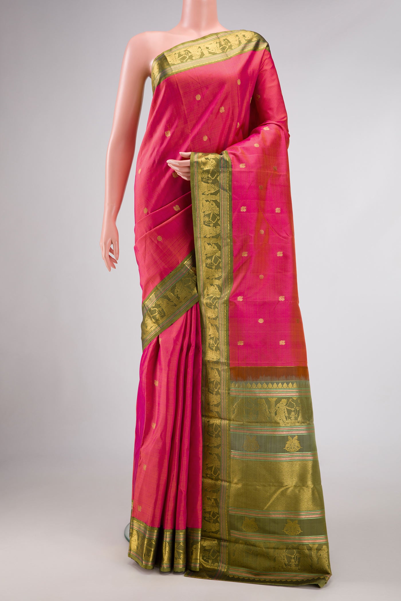 Pink Dual Tone Kanjivaram Silk Saree with Zari Butta on the body and Zari Border.  displayed on a mannequin