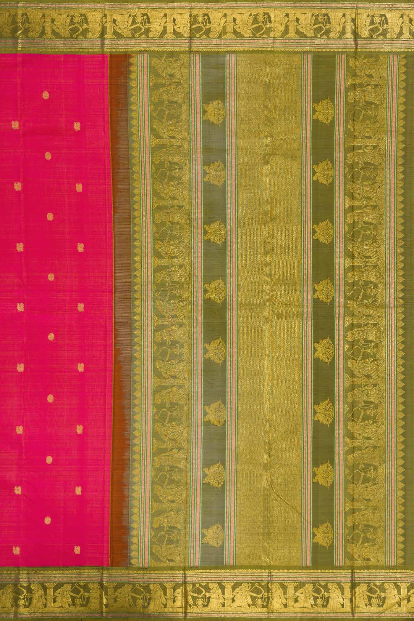 Close up image of the pallu of Pink Dual Tone Kanjivaram Silk Saree with Zari Butta on the body and Zari Border. 