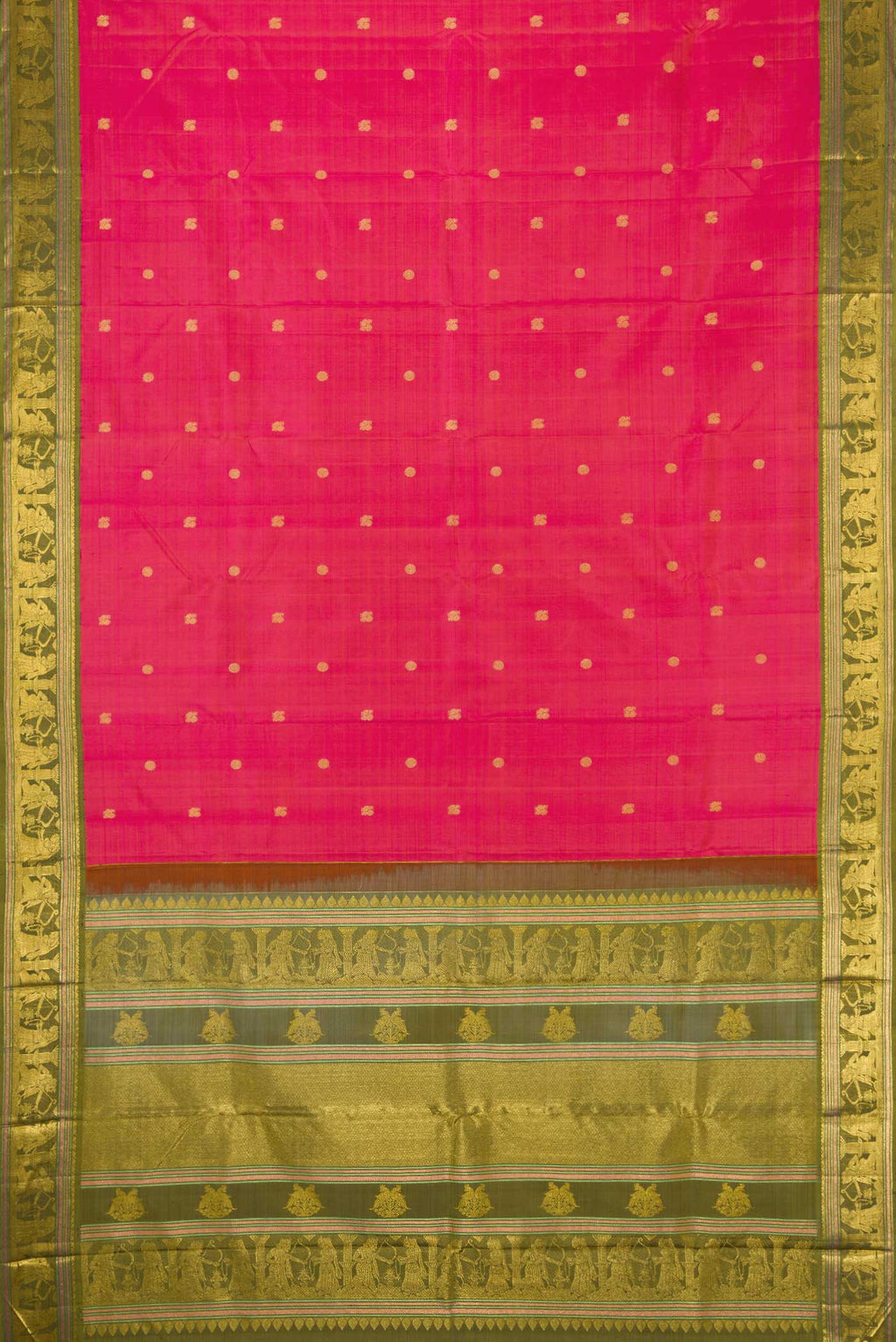 Flat view of Pink Dual Tone Kanjivaram Silk Saree with Zari Butta on the body and Zari Border. 
