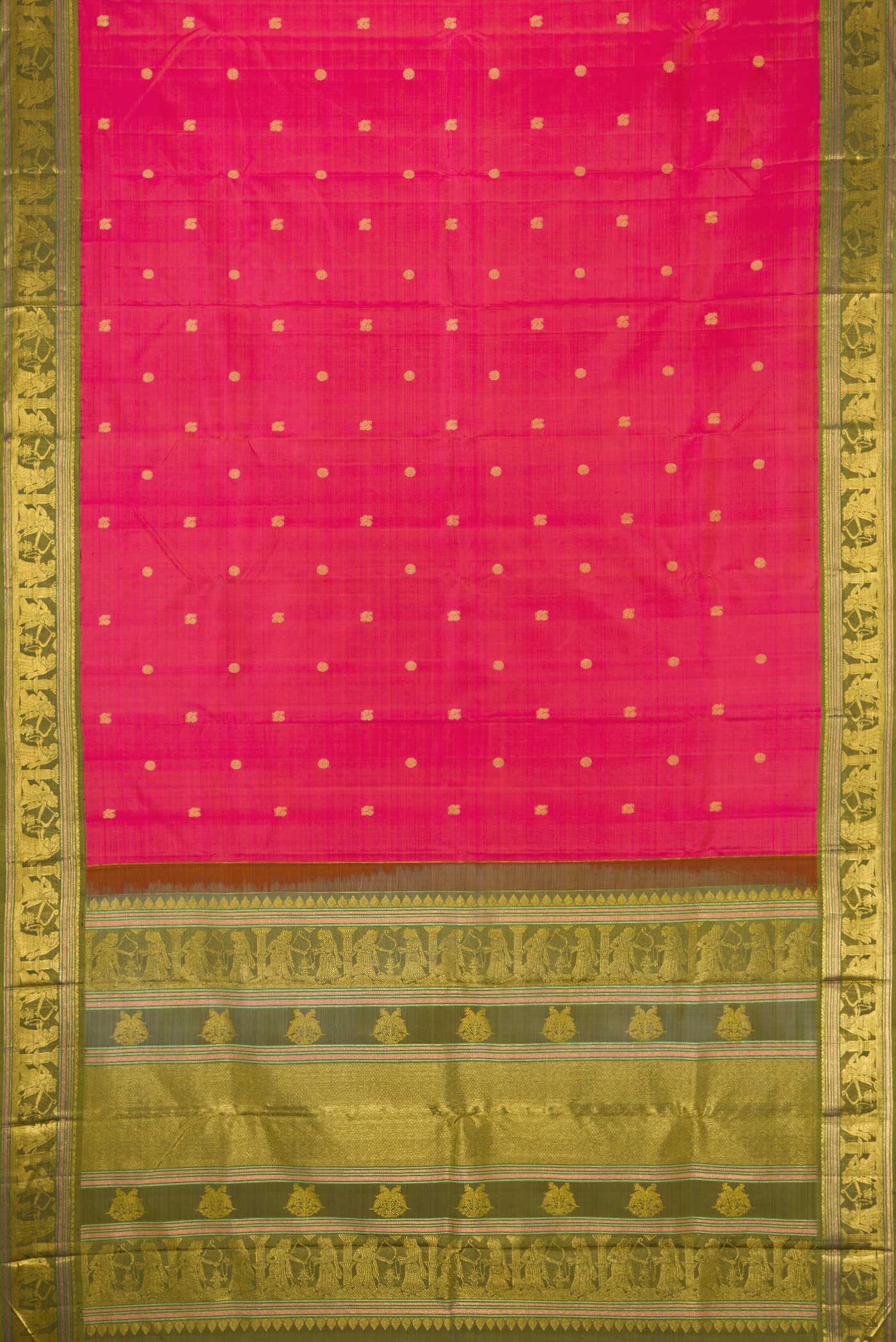 Flat view of Pink Dual Tone Kanjivaram Silk Saree with Zari Butta on the body and Zari Border. 