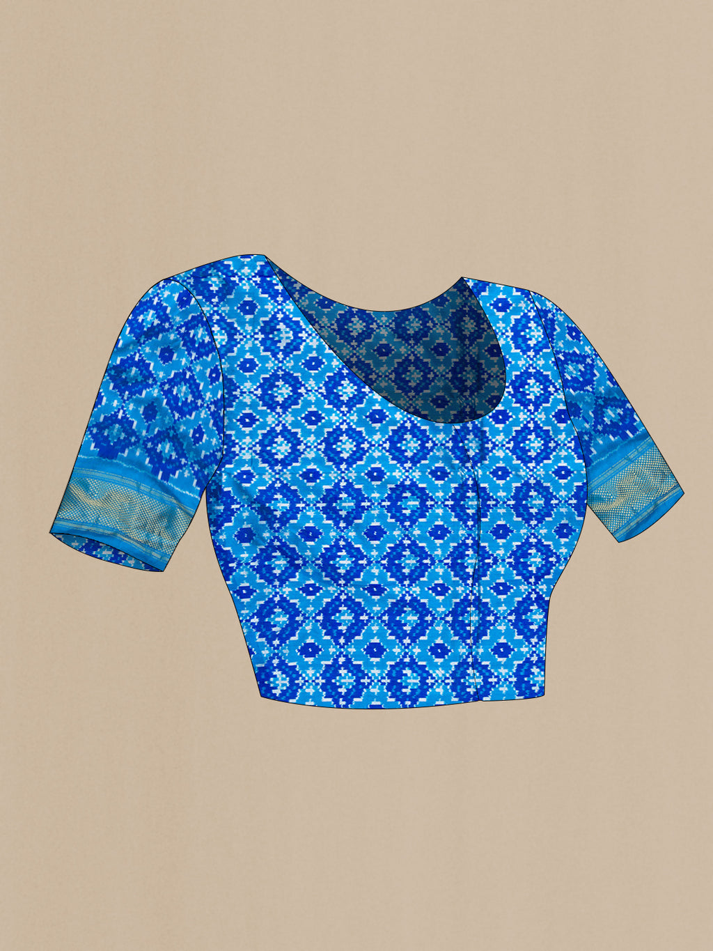 Close up image of the blouse of Peacock Blue Dual Tone Double Ikat Nine Yards Saree with Ikat Print on the body and Zari Border. 