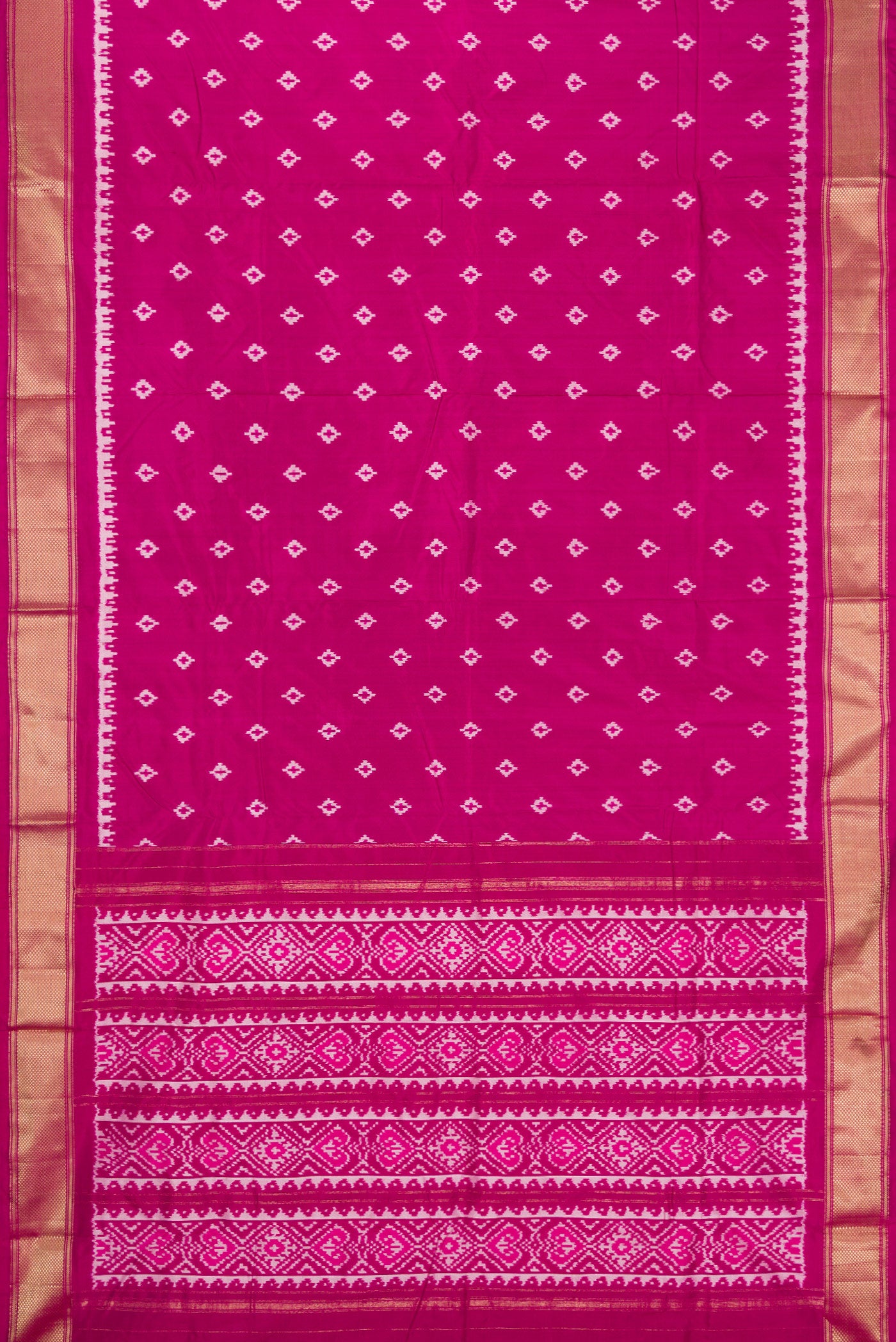 Flat view of Purple Dual Tone Double Ikat Nine Yards Saree with Ikat Print on the body and Zari Border. 