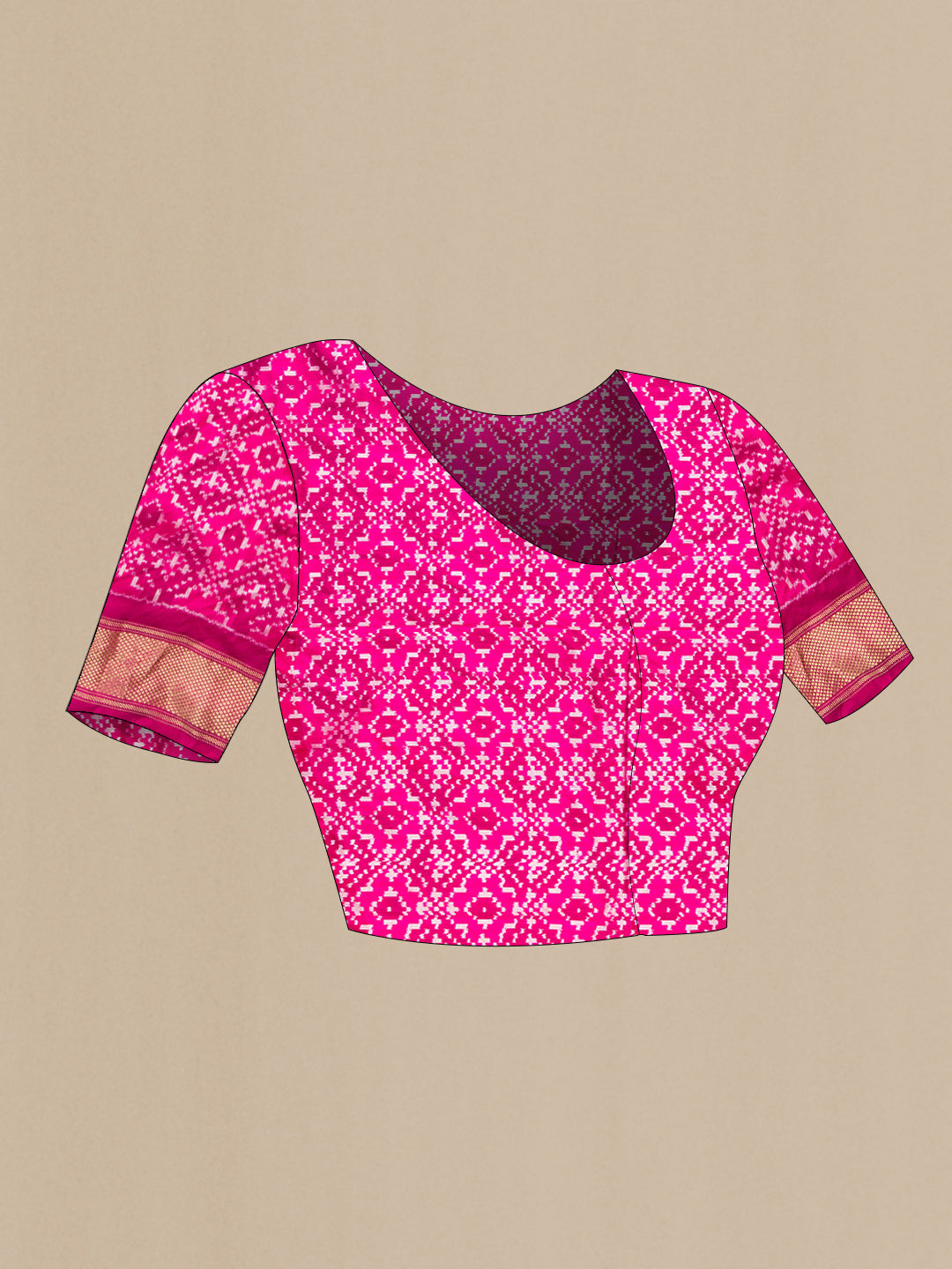 Close up image of the blouse of Pink Dual Tone Double Ikat Nine Yards Saree with Ikat Print on the body and Zari Border. 
