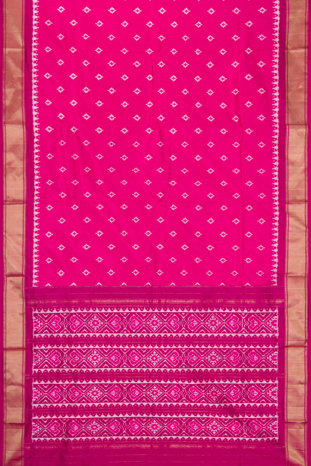 Flat view of Pink Dual Tone Double Ikat Nine Yards Saree with Ikat Print on the body and Zari Border. 