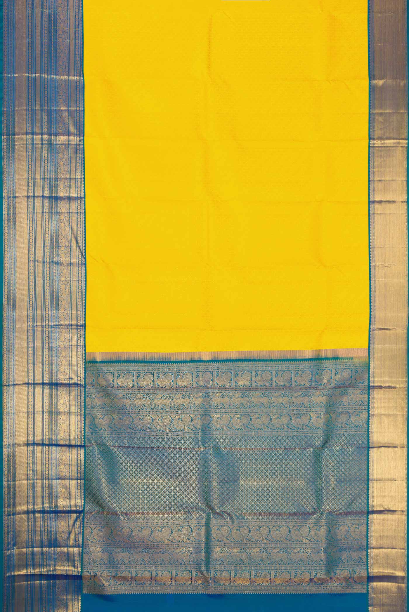 Flat view of Yellow Dual Tone Kanjivaram Silk Saree with Zari Brocade on the body and Zari Border. 