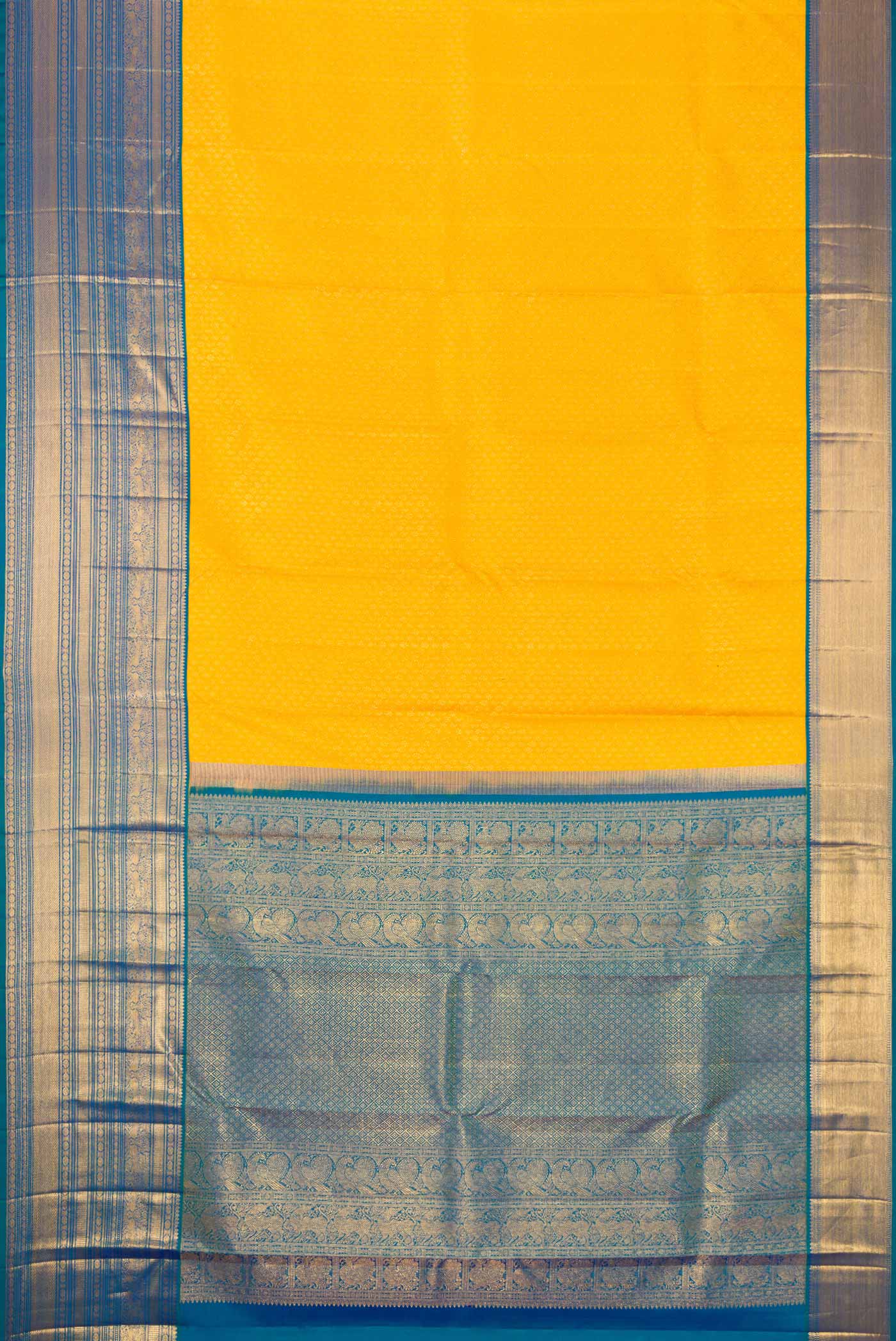 Flat view of Yellow Dual Tone Kanjivaram Silk Saree with Zari Brocade on the body and Zari Border. 