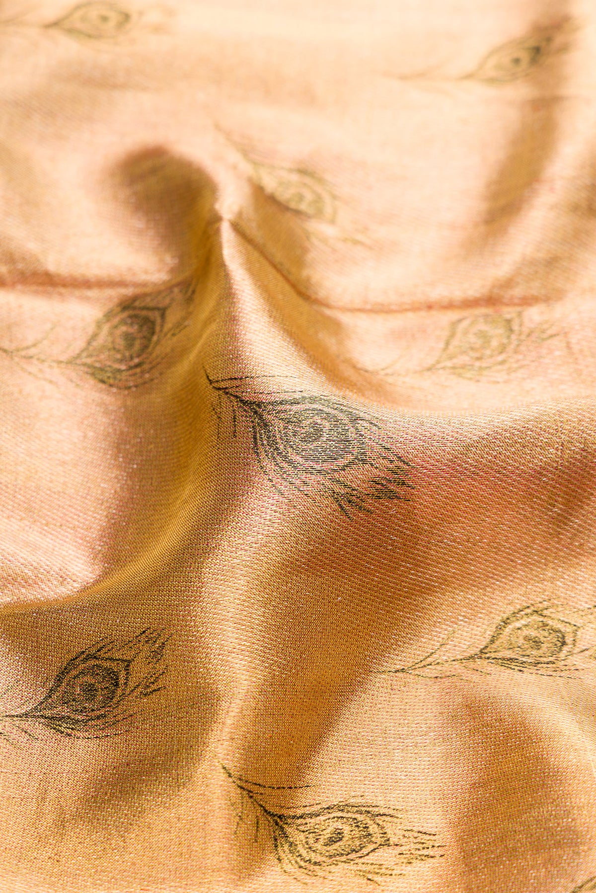 Close up of Gold Dual Tone Kanjivaram Tissue Silk Saree with Zari Brocade on the body and Fancy Border.  displaying folds