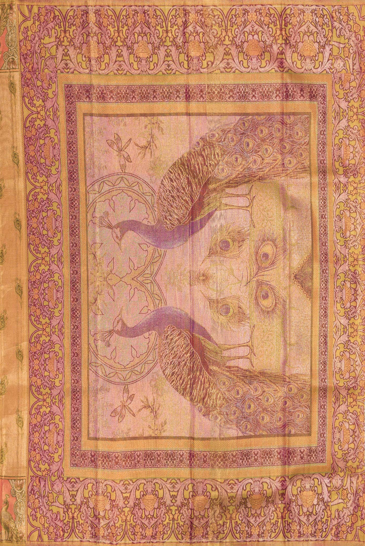 Close up image of the pallu of Gold Dual Tone Kanjivaram Tissue Silk Saree with Zari Brocade on the body and Fancy Border. 