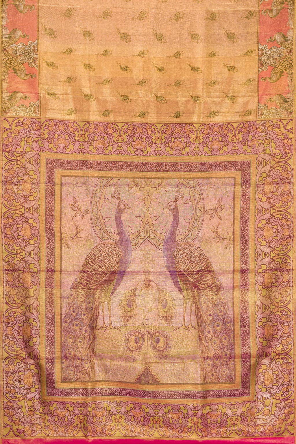 Flat view of Gold Dual Tone Kanjivaram Tissue Silk Saree with Zari Brocade on the body and Fancy Border. 