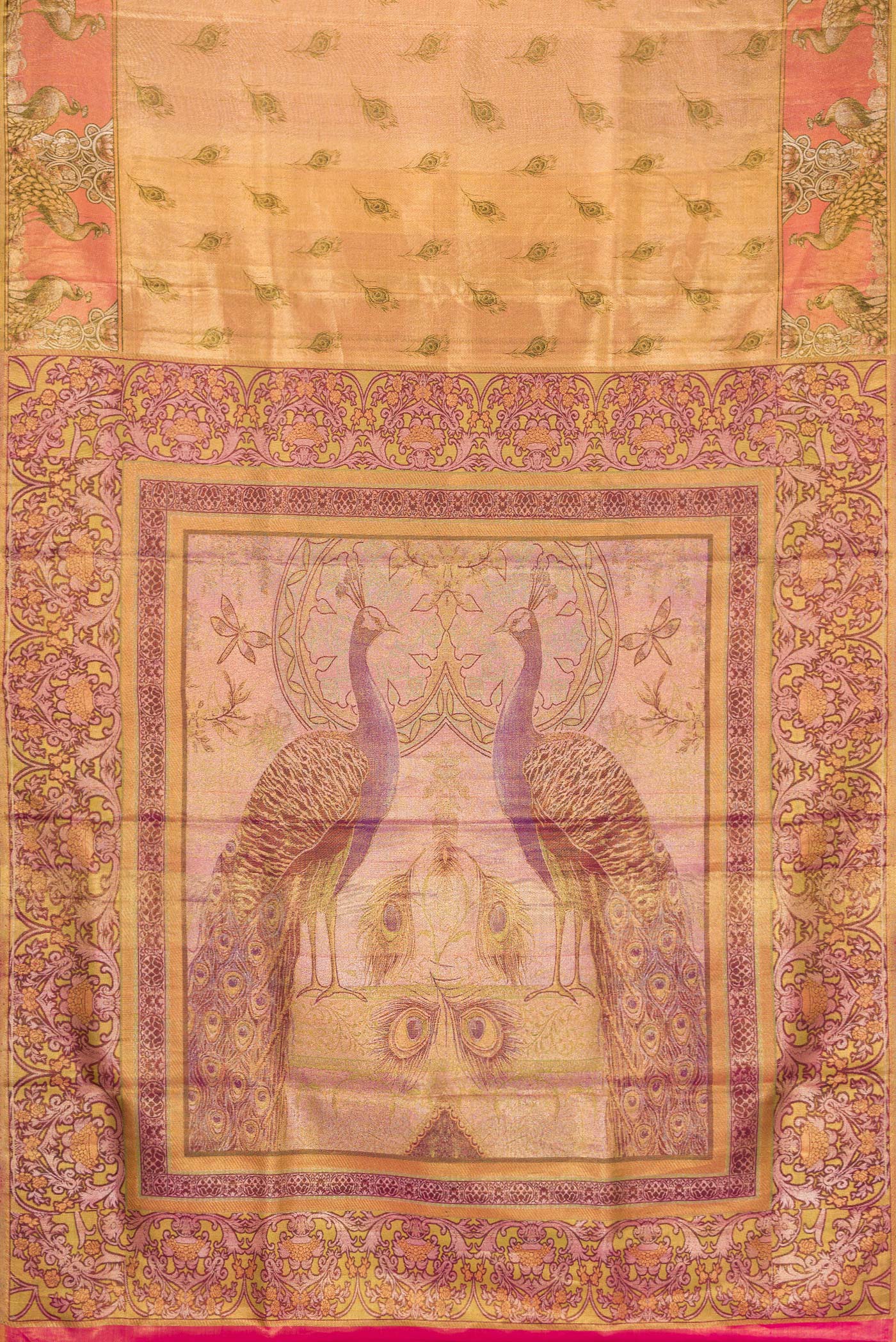 Flat view of Gold Dual Tone Kanjivaram Tissue Silk Saree with Zari Brocade on the body and Fancy Border. 