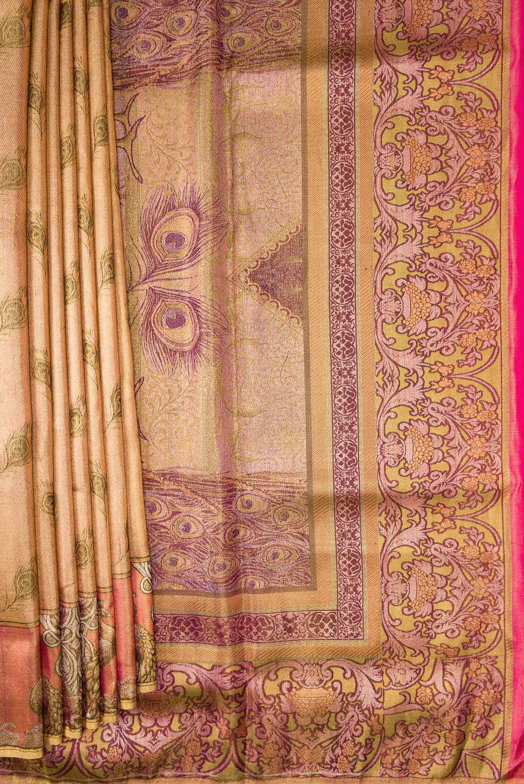 Pleats and pallu of Gold Dual Tone Kanjivaram Tissue Silk Saree with Zari Brocade on the body and Fancy Border. 