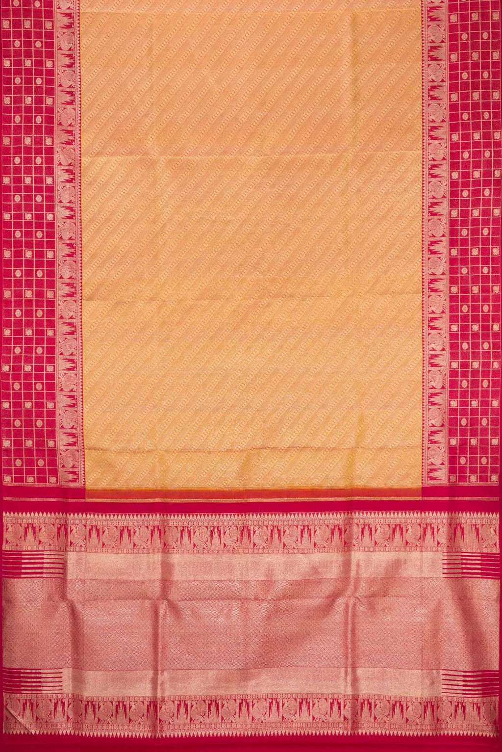 Flat view of Gold Dual Tone Kanjivaram Tissue Silk Saree with Zari Brocade on the body and Fancy Border. 