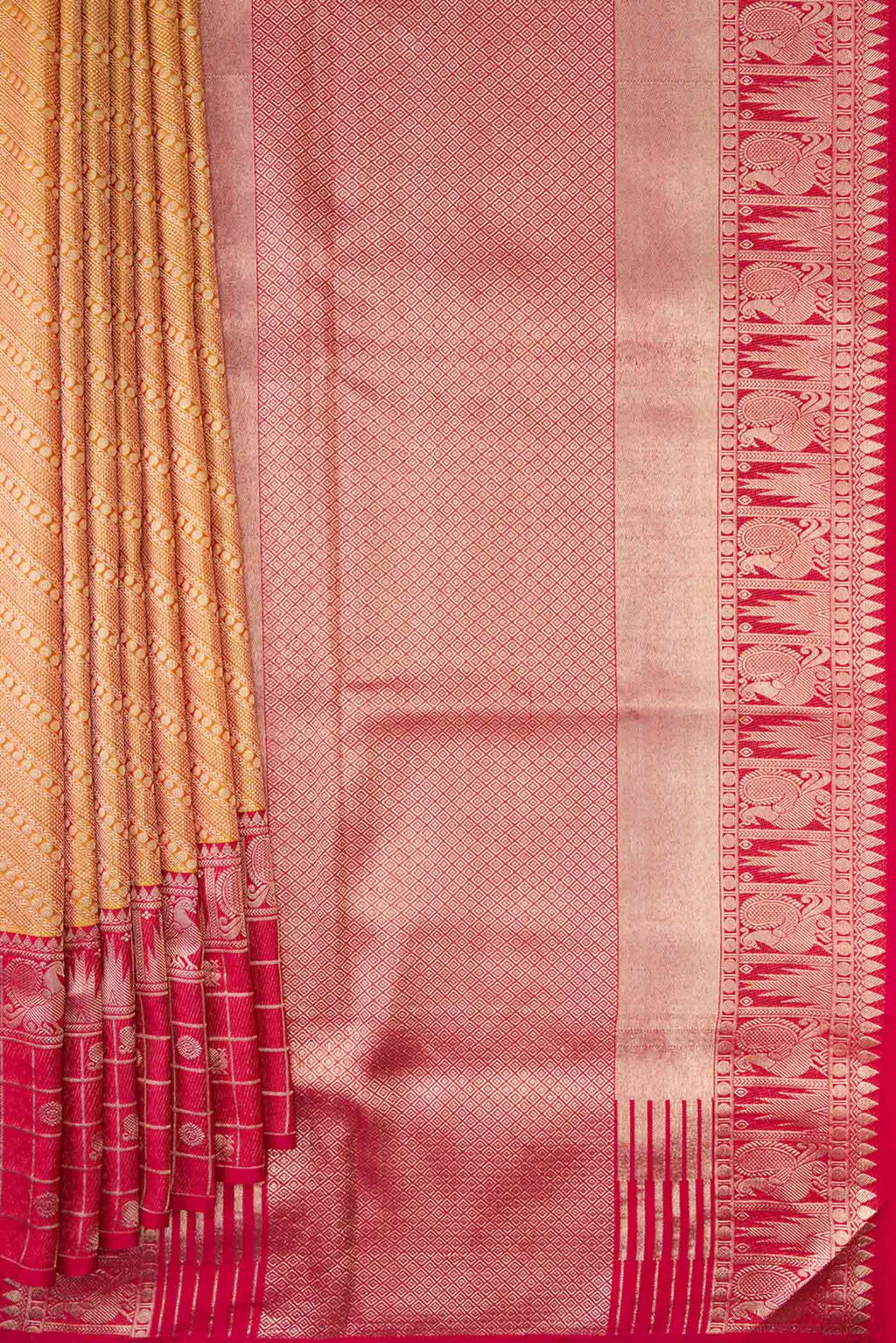 Pleats and pallu of Gold Dual Tone Kanjivaram Tissue Silk Saree with Zari Brocade on the body and Fancy Border. 