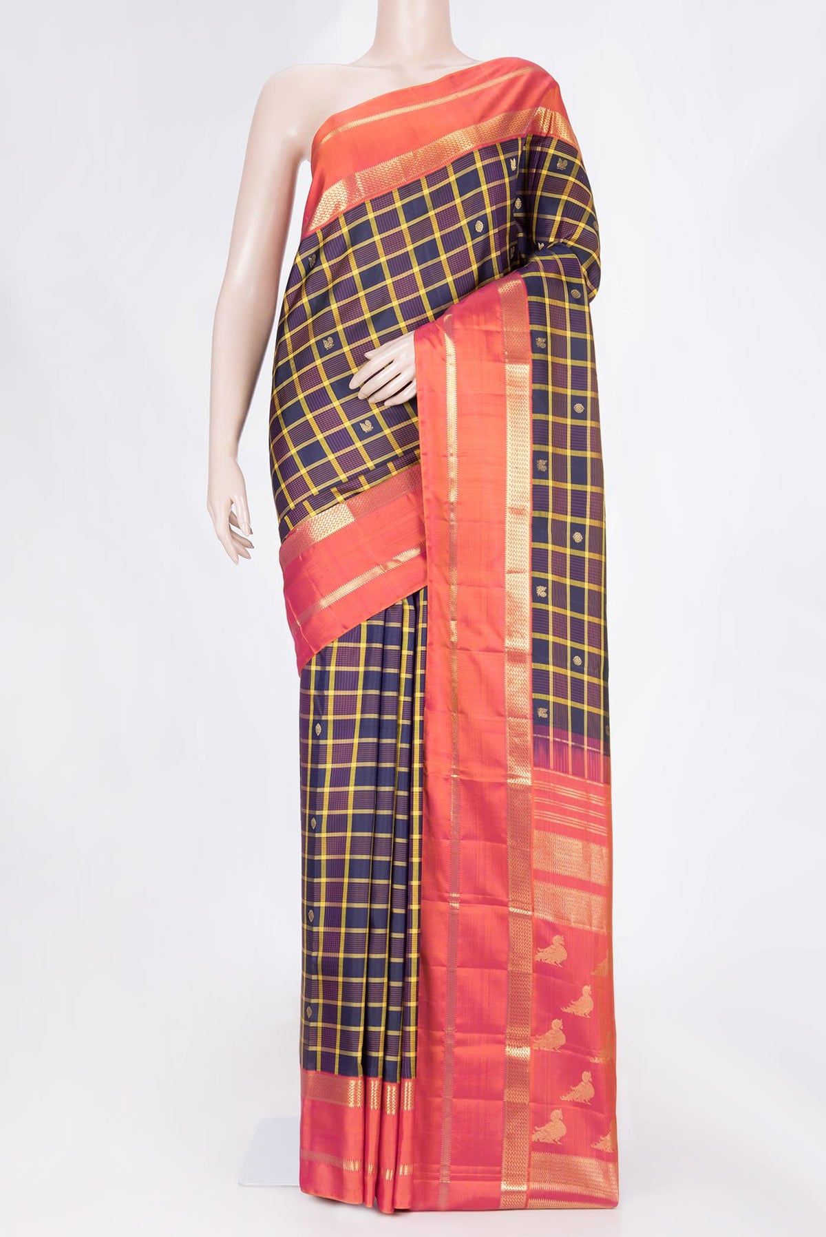 Pure Silk Pure Zari Burgundy Dual Tone Kanchipuram Saree with Checked design on the body and Zari Border displayed on a mannequin
