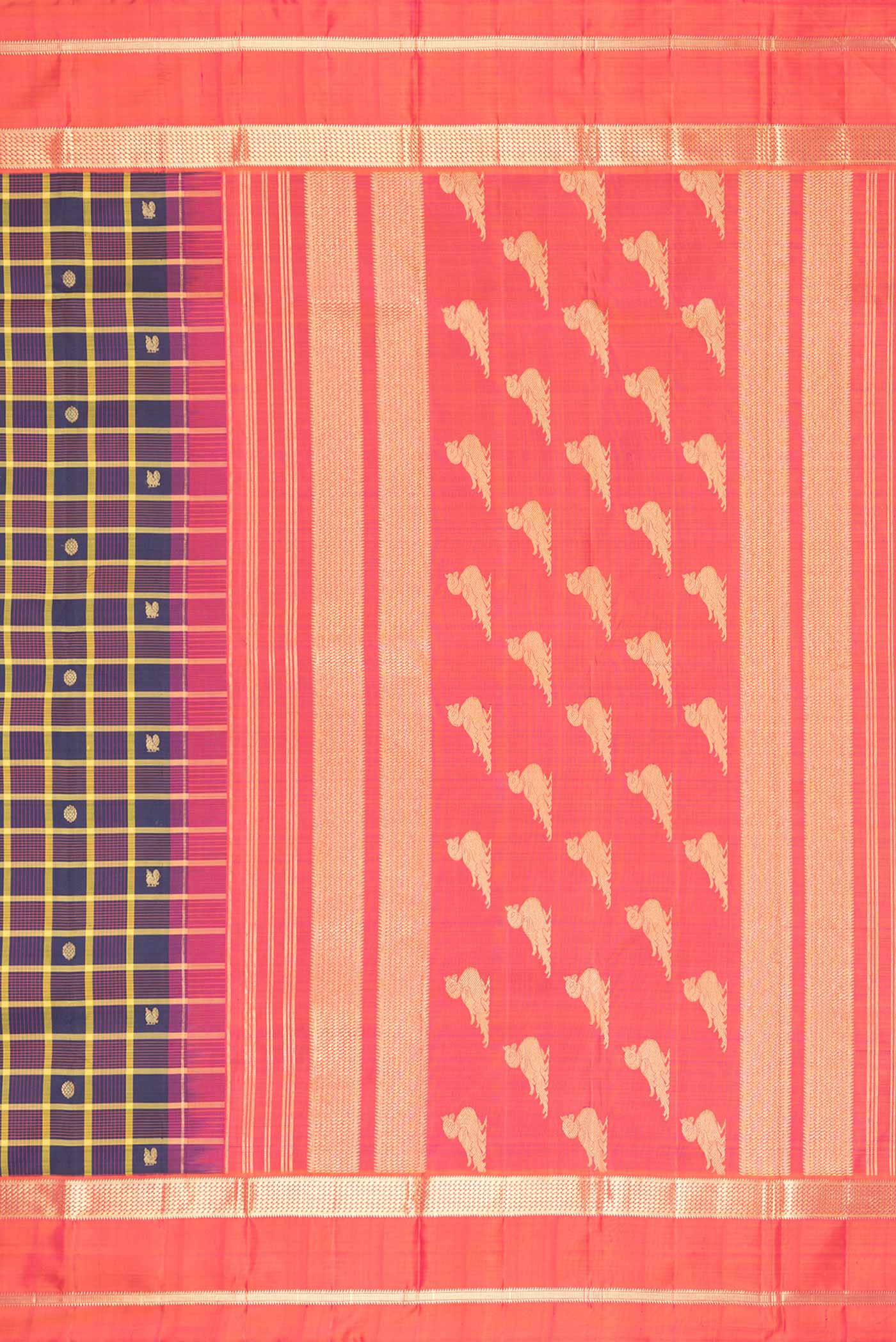 Close up image of the pallu of Pure Silk Pure Zari Burgundy Dual Tone Kanchipuram Saree with Checked design on the body and Zari Border