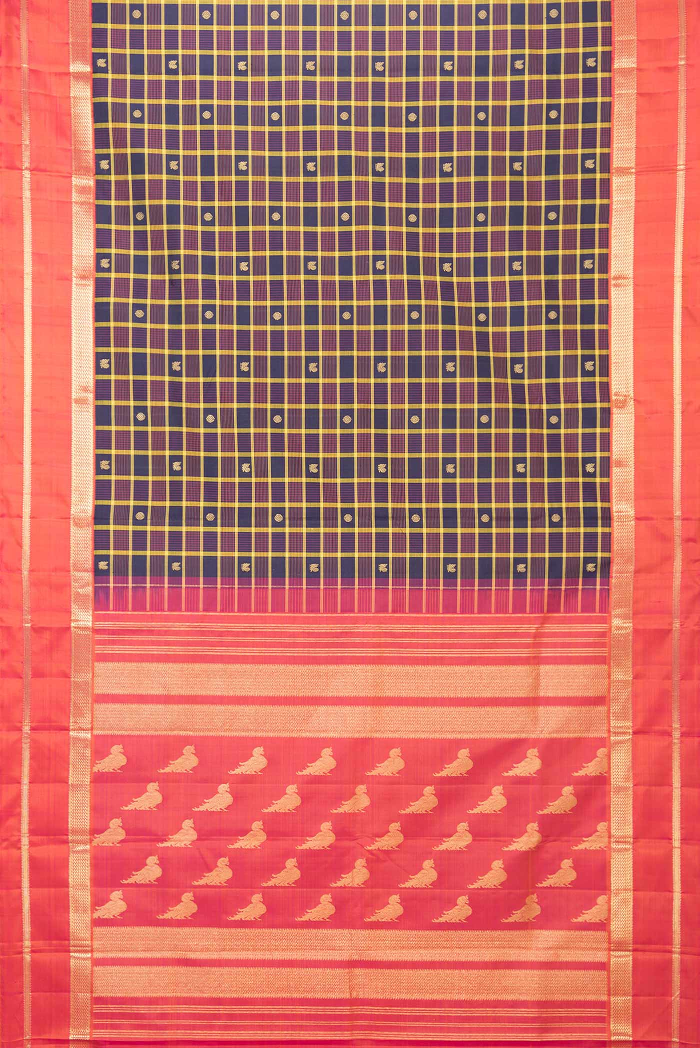 Flat view of Pure Silk Pure Zari Burgundy Dual Tone Kanchipuram Saree with Checked design on the body and Zari Border