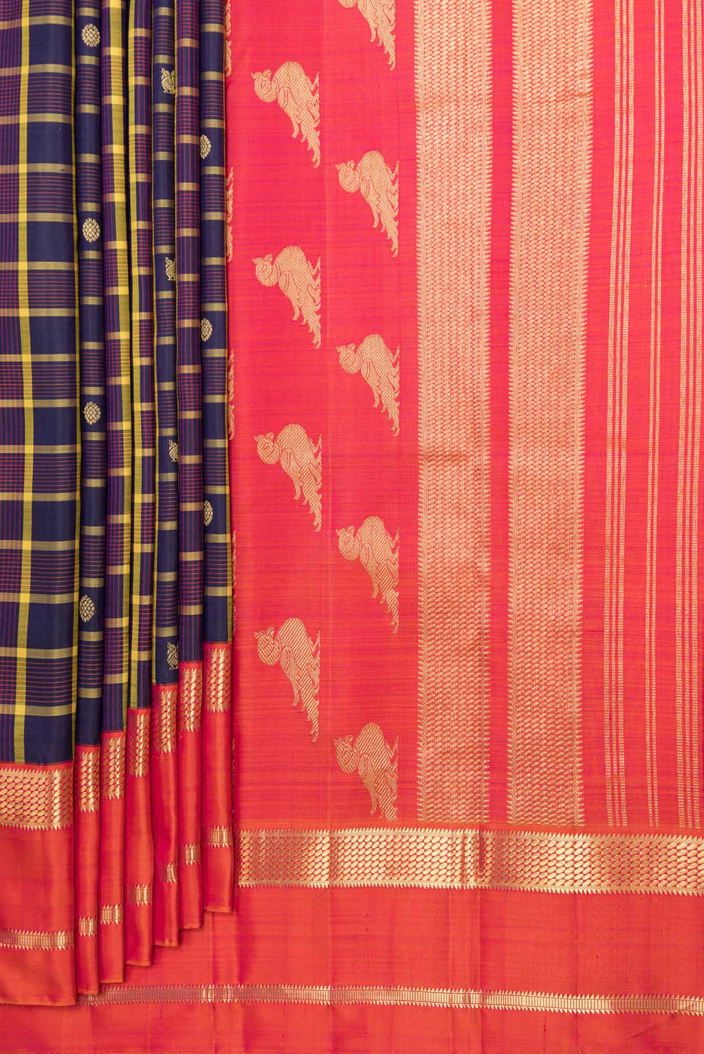 Pleats and pallu of Pure Silk Pure Zari Burgundy Dual Tone Kanchipuram Saree with Checked design on the body and Zari Border