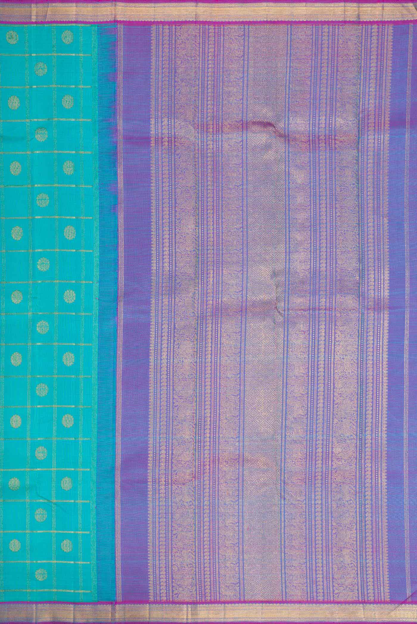 Close up image of the pallu of Pure Silk Pure Zari Sky Blue Dual Tone Kanchipuram Saree with Checked design on the body and Zari Border