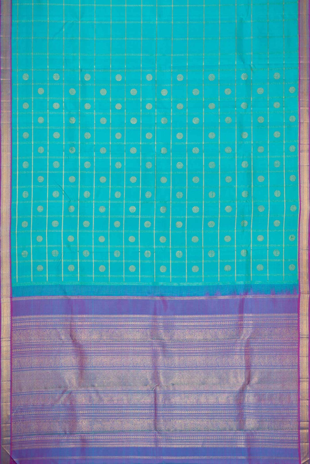 Flat view of Pure Silk Pure Zari Sky Blue Dual Tone Kanchipuram Saree with Checked design on the body and Zari Border