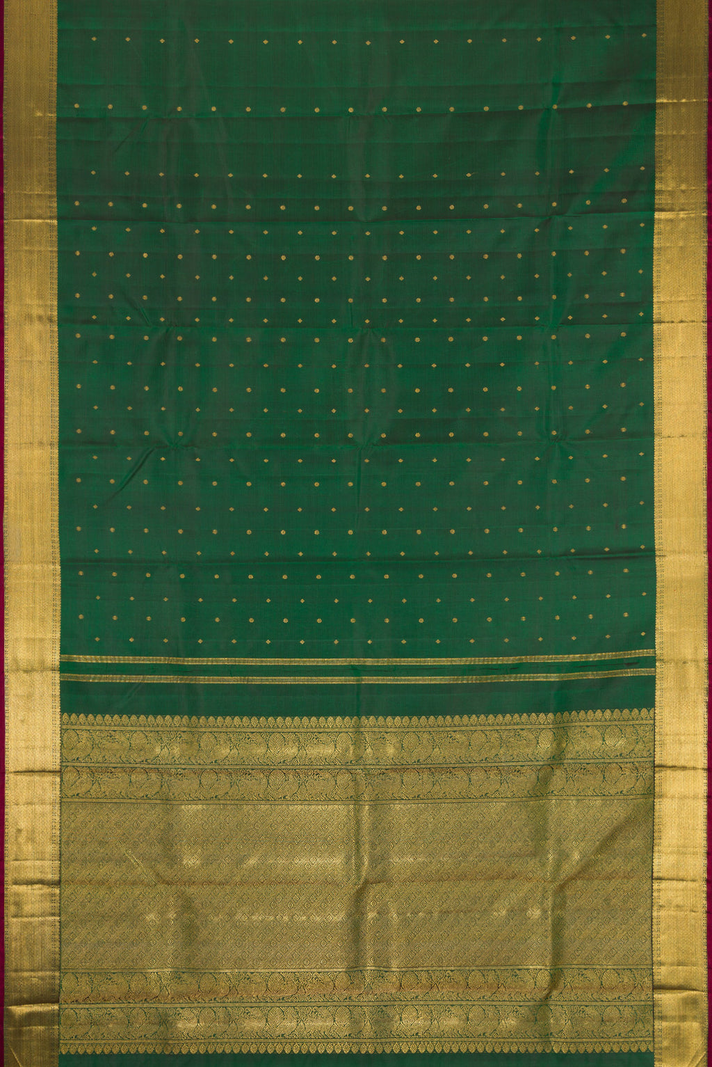 Flat view of Pure Silk Pure Zari Green Dual Tone Kanjivaram Saree with Zari Butta on the body and Zari Border. 