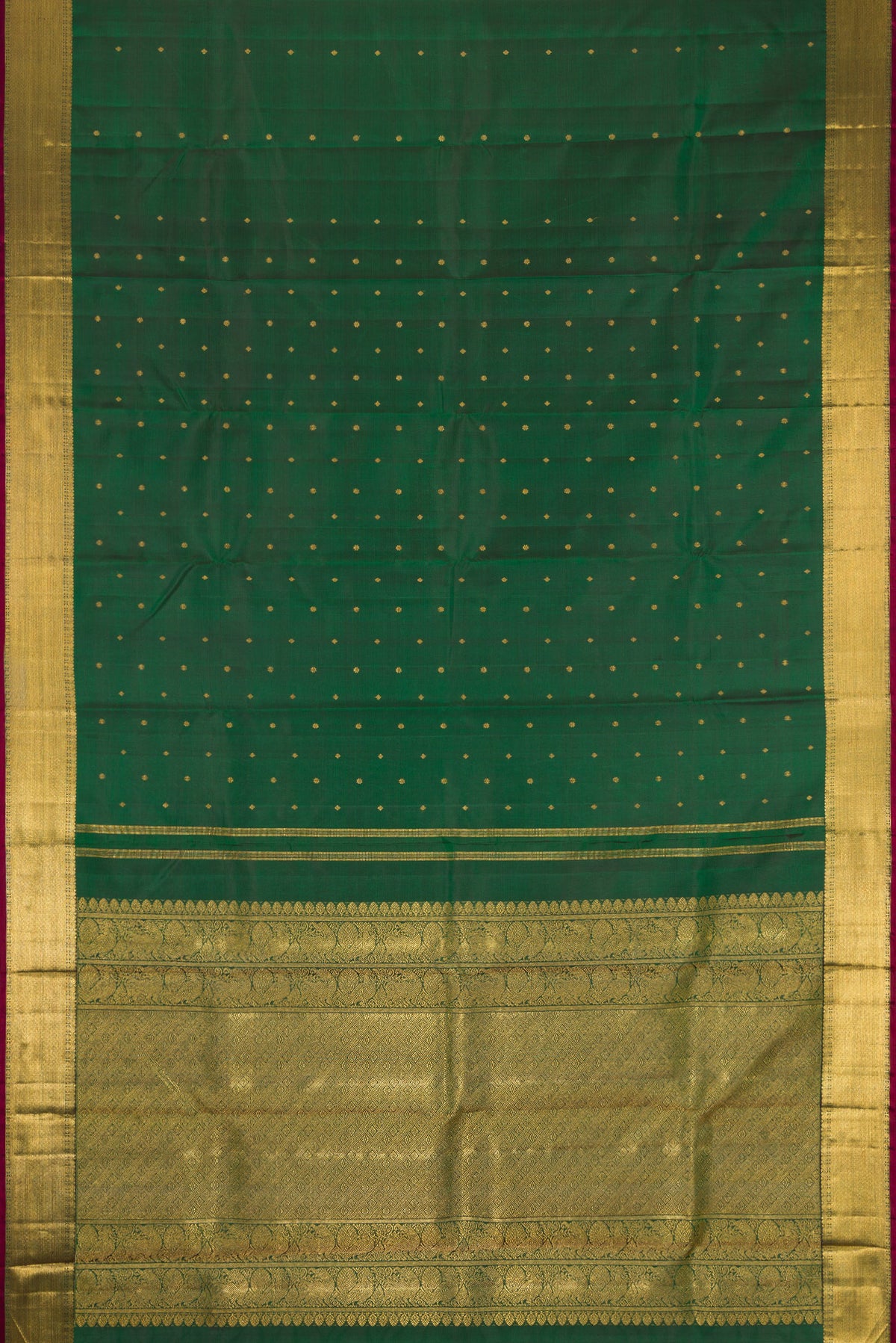 Flat view of Pure Silk Pure Zari Green Dual Tone Kanjivaram Saree with Zari Butta on the body and Zari Border. 