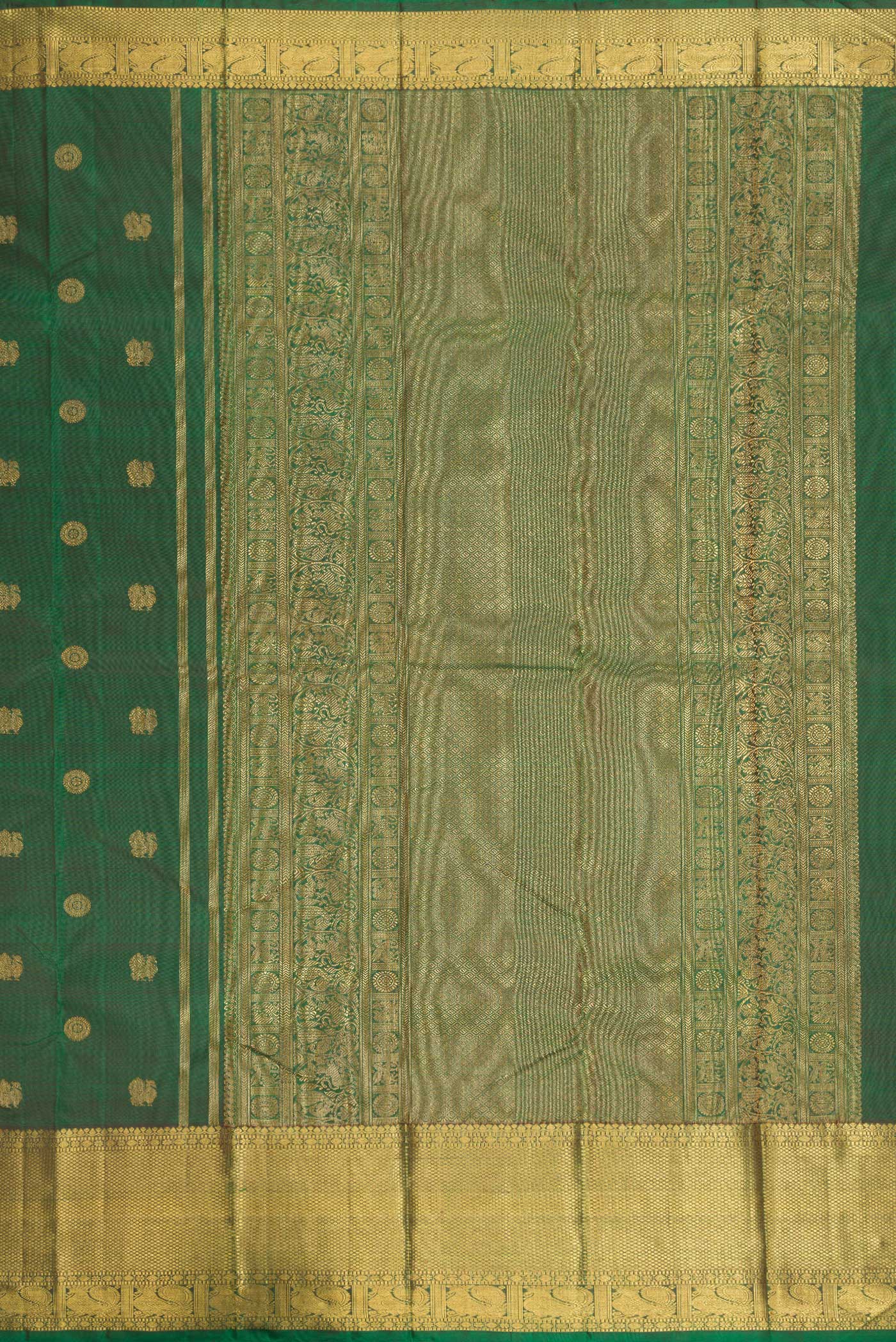 Close up image of the pallu of Pure Silk Pure Zari Green Kanjivaram Saree with Zari Butta on the body and Zari Border. 