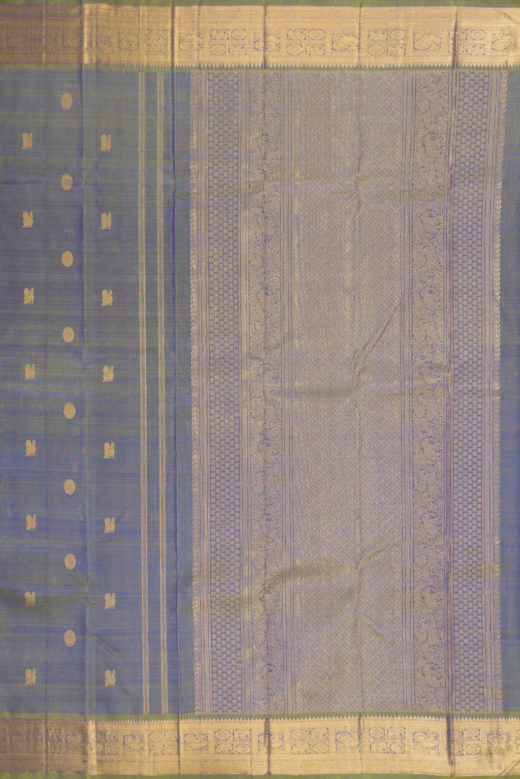 Close up image of the pallu of Pure Silk Pure Zari Blue Dual Tone Kanchipuram Saree with Zari Butta on the body and Zari Border. 